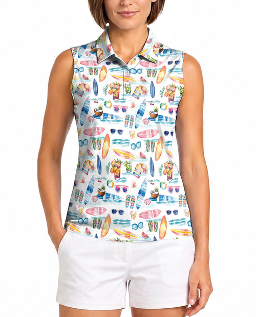 Colorful Tropical Surf Beach Sleeveless Polo Shirt for Women | Netecom