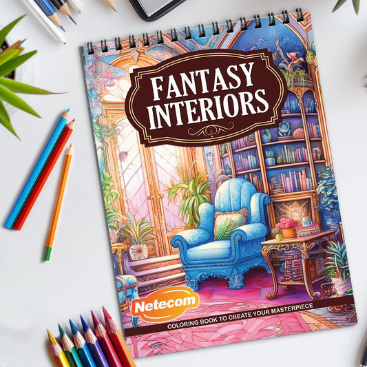 Fantasy Interiors Spiral Bound Coloring Book, Imaginative Fantasy Interiors for a Magical Coloring Adventure, Perfect for Dreamers and Design Fans