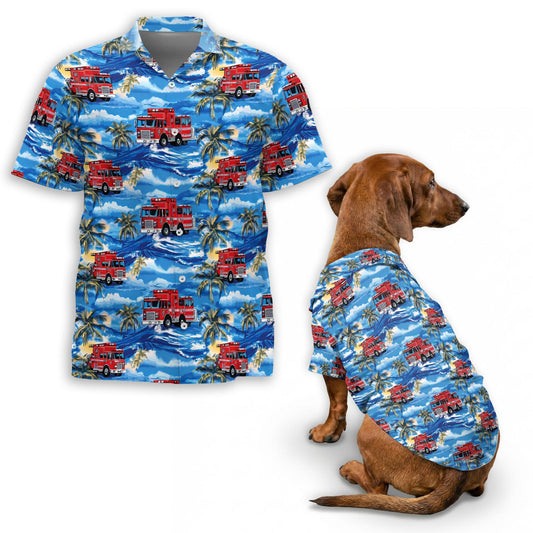 Netecom Matching Fire Truck Firefighter Hawaiian Shirt for Pet and Owner, Blue Aloha Summer Shirt, Fire Truck Palm Tree Print Outfit for Dog and Human, Casual Beach Vacation Wear