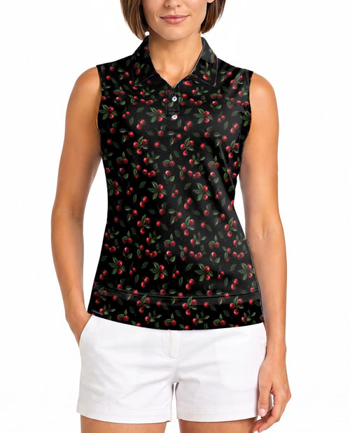Cranberry Pattern Sleeveless Polo Shirt for Women – Fresh Fruit Summer Style | Netecom