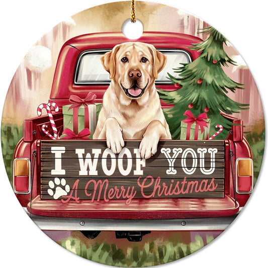 Netecom Adorable Golden Retriever in Christmas Red Truck Ornament, I Woof You Happy Pawlidays Ceramic Ornament for Christmas Tree Hanging Decorations Gift, Dog Lover Gifts, Holiday Decor Present