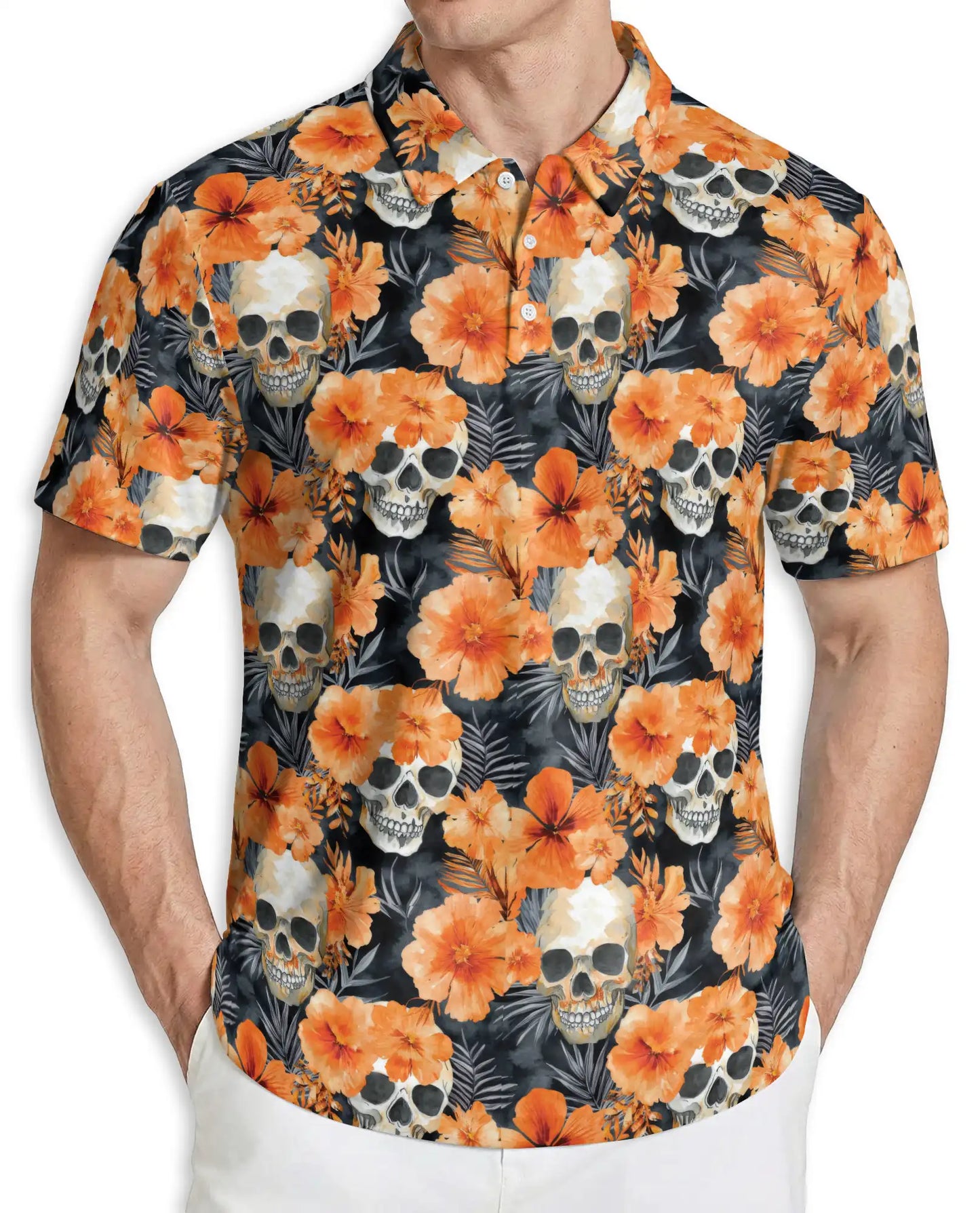 Skull Floral Polo Shirt – Orange Hibiscus Print | Netecom