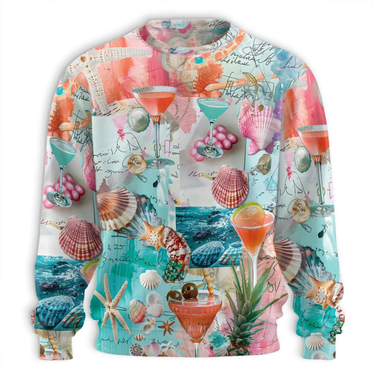 Tropical Beach Cocktail Shell Collage Sweatshirt, 3D All Over Print Summer Vacation Crewneck Pullover for Men Women, Beach Lover Gift - Netecom