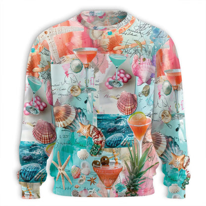 Tropical Beach Cocktail Shell Collage Sweatshirt, 3D All Over Print Summer Vacation Crewneck Pullover for Men Women, Beach Lover Gift - Netecom