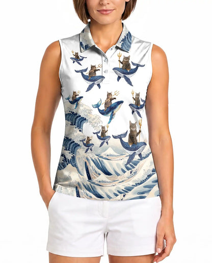 Cat Riding Whale Funny Sleeveless Polo Shirt for Women | Netecom