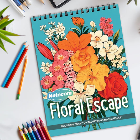 Floral Escape Spiral Bound Coloring Book, Escape into Floral Paradise for a Relaxing Retreat, Ideal for Botanical Lovers and Those Seeking Serene Art