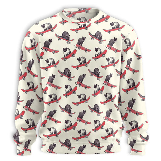 Cats Playing Skateboarding Sweatshirt, 3D All Over Print Funny Cat Skateboard Crewneck Pullover for Men Women, Cat Lover Gift - Netecom
