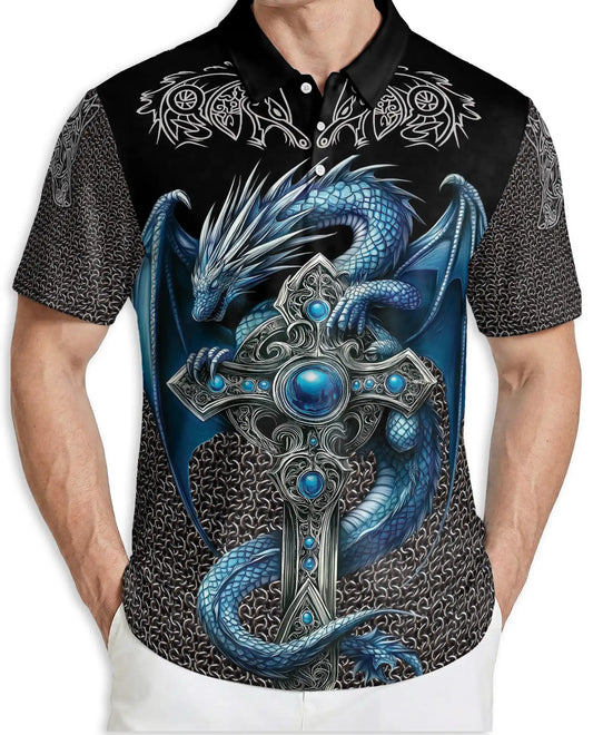 Blue Dragon Cross 3D Polo Shirt for Men – Medieval Fantasy Armor Style | Netecom