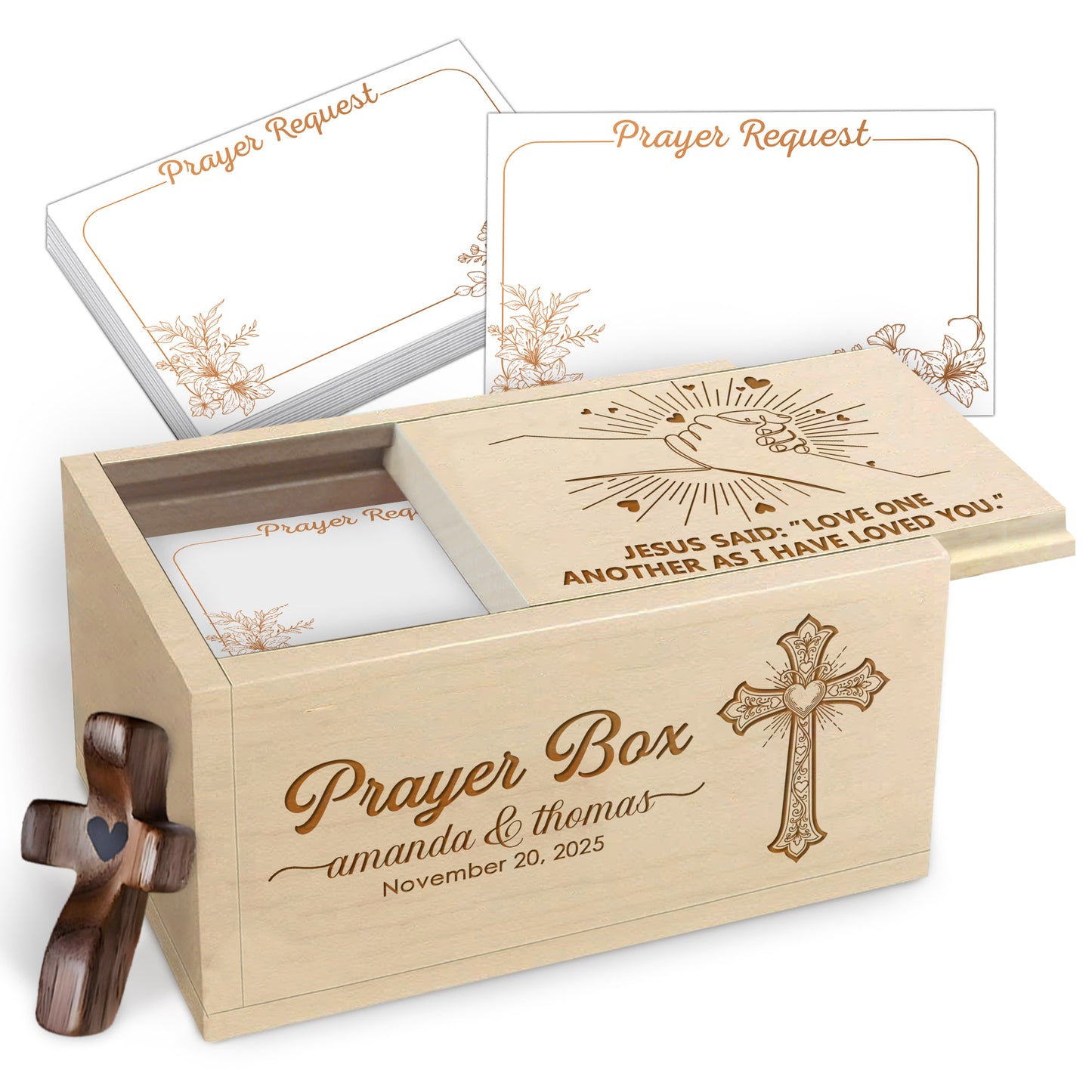 Netecom Valentine’s Day Couple Prayer Box with 100 Prayer Request Cards & Wooden Cross – Personalized Christian Gift, Wooden Box with Custom Names and Date