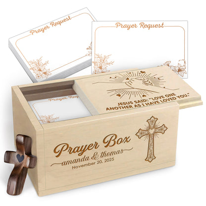 Netecom Valentine’s Day Couple Prayer Box with 100 Prayer Request Cards & Wooden Cross – Personalized Christian Gift, Wooden Box with Custom Names and Date