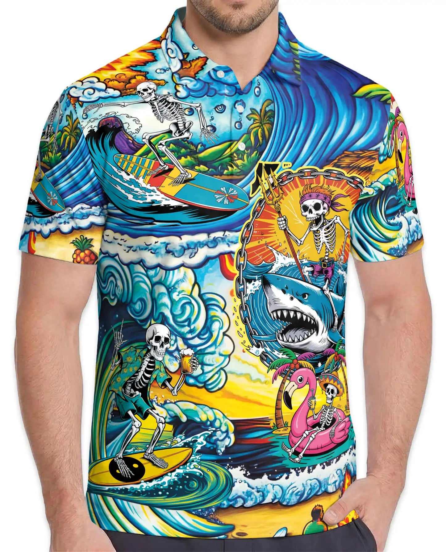 Surfing Skeleton Polo Shirt – Tropical Beach Skull Style| Netecom