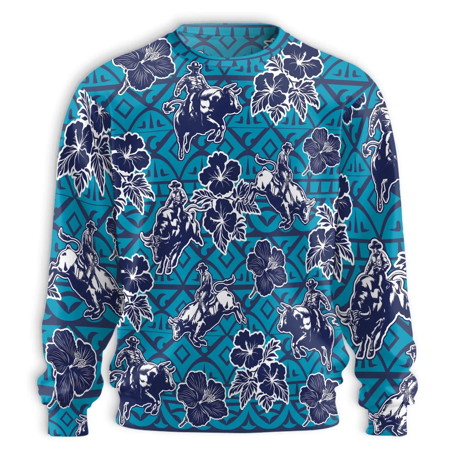 Bull Riding Blue Pattern Sweatshirt, 3D All Over Print Western Rodeo Crewneck Pullover for Men Women, Bull Rider Gift - Netecom