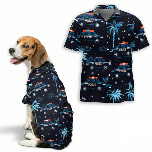 Police Cars Seamless Pattern Hawaii Dog and Owner Matching Button Shirts