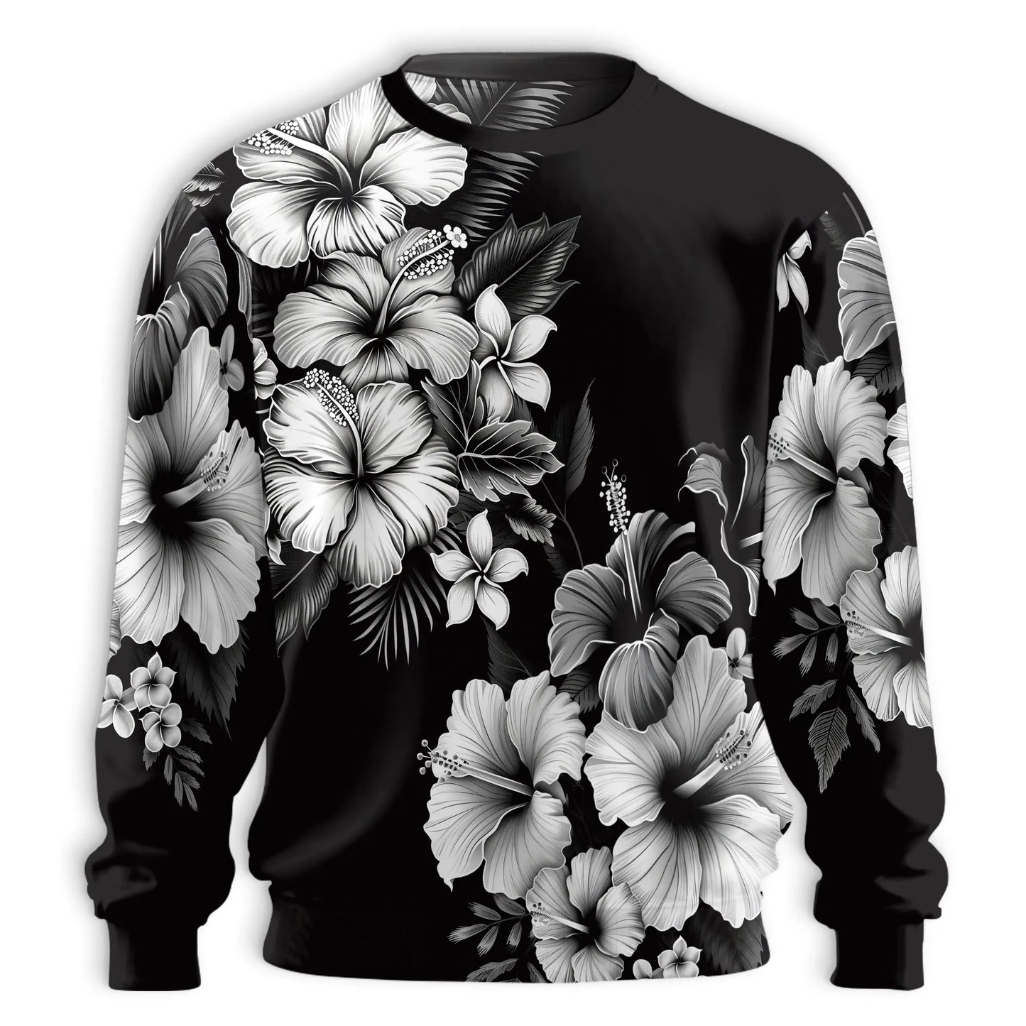 Black and White Hibiscus Polynesian Sweatshirt, 3D All Over Print Tribal Tropical Floral Crewneck Pullover for Men Women, Hibiscus Lover Gift - Netecom