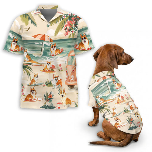 Netecom Matching Corgi Hawaiian Shirt for Dog and Owner, Cute Dog Lover Aloha Summer Shirt, Button Down Beach Outfit for Pet and Human, Vacation Casual Wear
