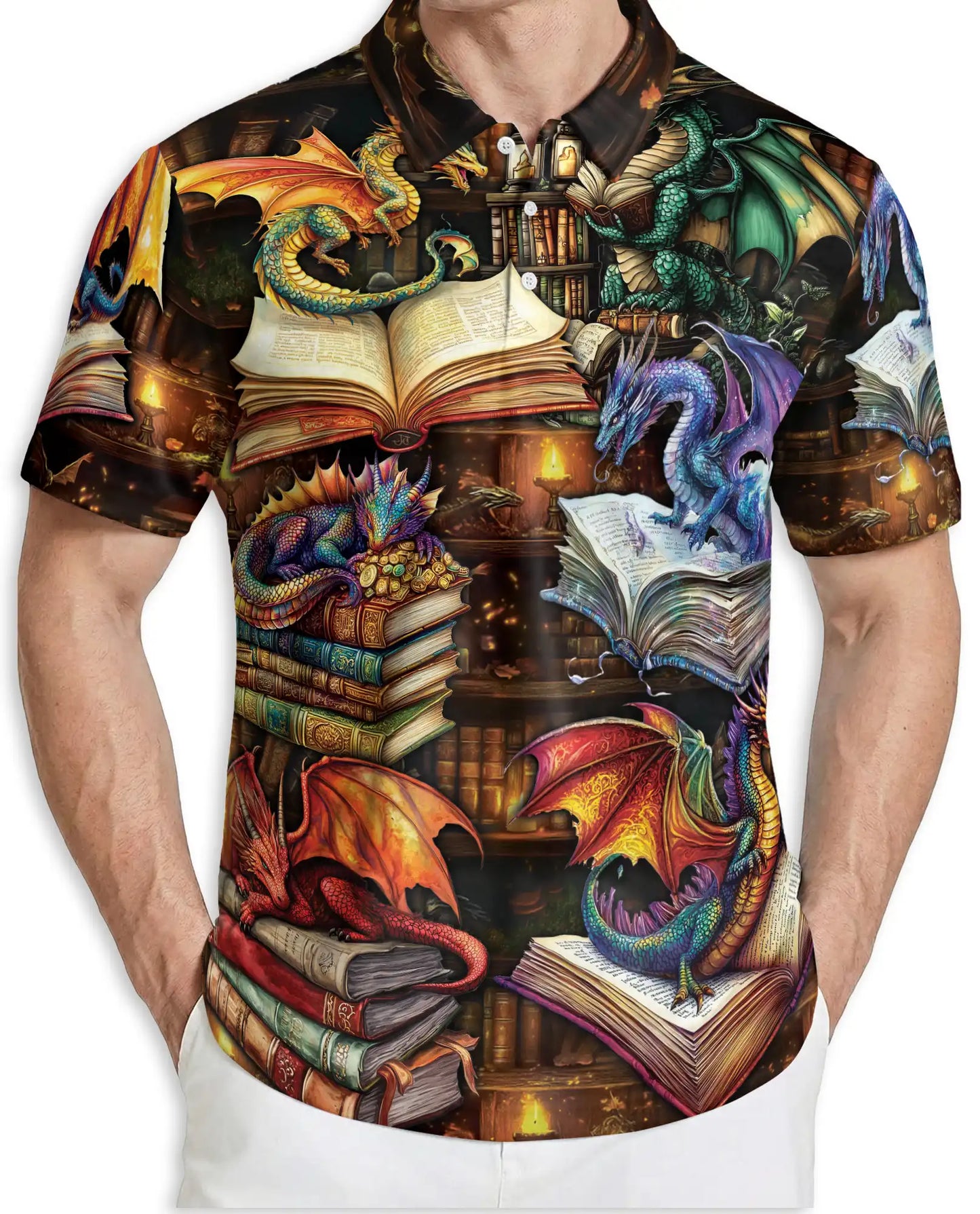 Fantasy Dragon Library 3D Polo Shirt for Men – Magical Book Art Style | Netecom