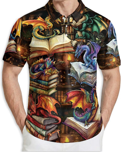 Fantasy Dragon Library 3D Polo Shirt for Men – Magical Book Art Style | Netecom