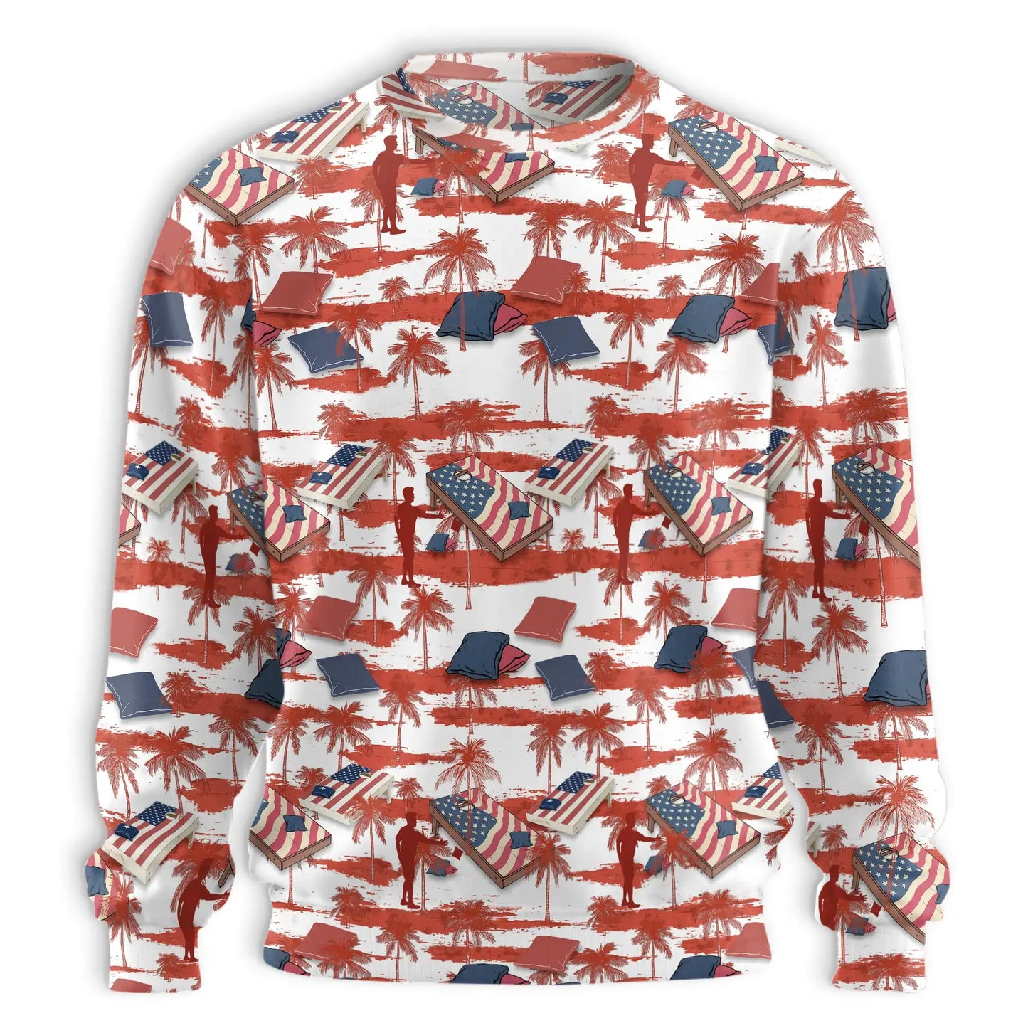 Cornhole Palm Tree Sweatshirt, 3D All Over Print Red Tropical Cornhole Crewneck Pullover for Men Women, Cornhole Player Gift - Netecom