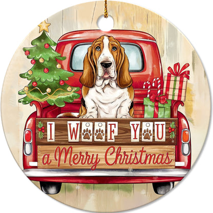 Netecom Funny Basset Hound in Holiday Truck Ornament, I Woof You a Merry Christmas Ceramic Ornament for Christmas Tree Hanging Decorations Gift, Pet Lover Gifts, Holiday Party Present