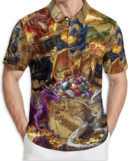 Dragon Treasure 3D Polo Shirt for Men – Fantasy Gold Hoard Art Style | Netecom