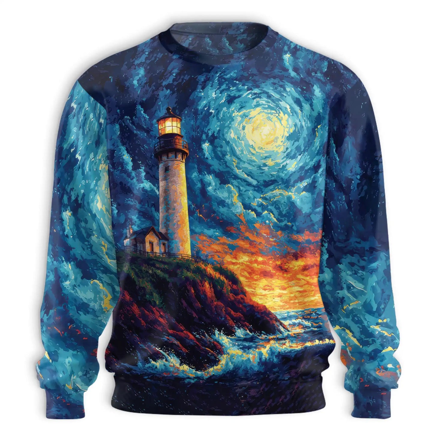 Inspired Starry Night Lighthouse Sweatshirt, 3D All Over Print Celestial Ocean Crewneck Pullover for Men Women, Lighthouse Lover Gift - Netecom