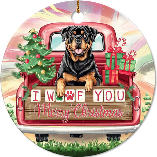 Netecom Funny Rottweiler in Vintage Pickup Truck Ornament, I Woof You a Merry Christmas Ceramic Ornament for Christmas Tree Hanging Decorations Gift, Dog Lover Gifts, Xmas Decoration Present