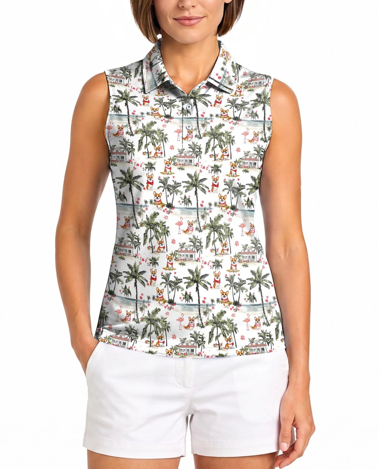 Corgi Palm Tree Pattern Sleeveless Polo Shirt for Women – Tropical Dog Style | Netecom