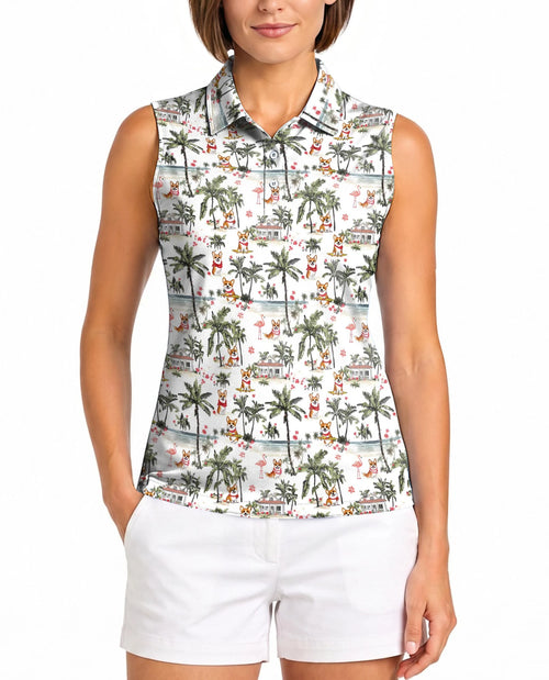 Corgi Palm Tree Pattern Sleeveless Polo Shirt for Women – Tropical Dog Style | Netecom