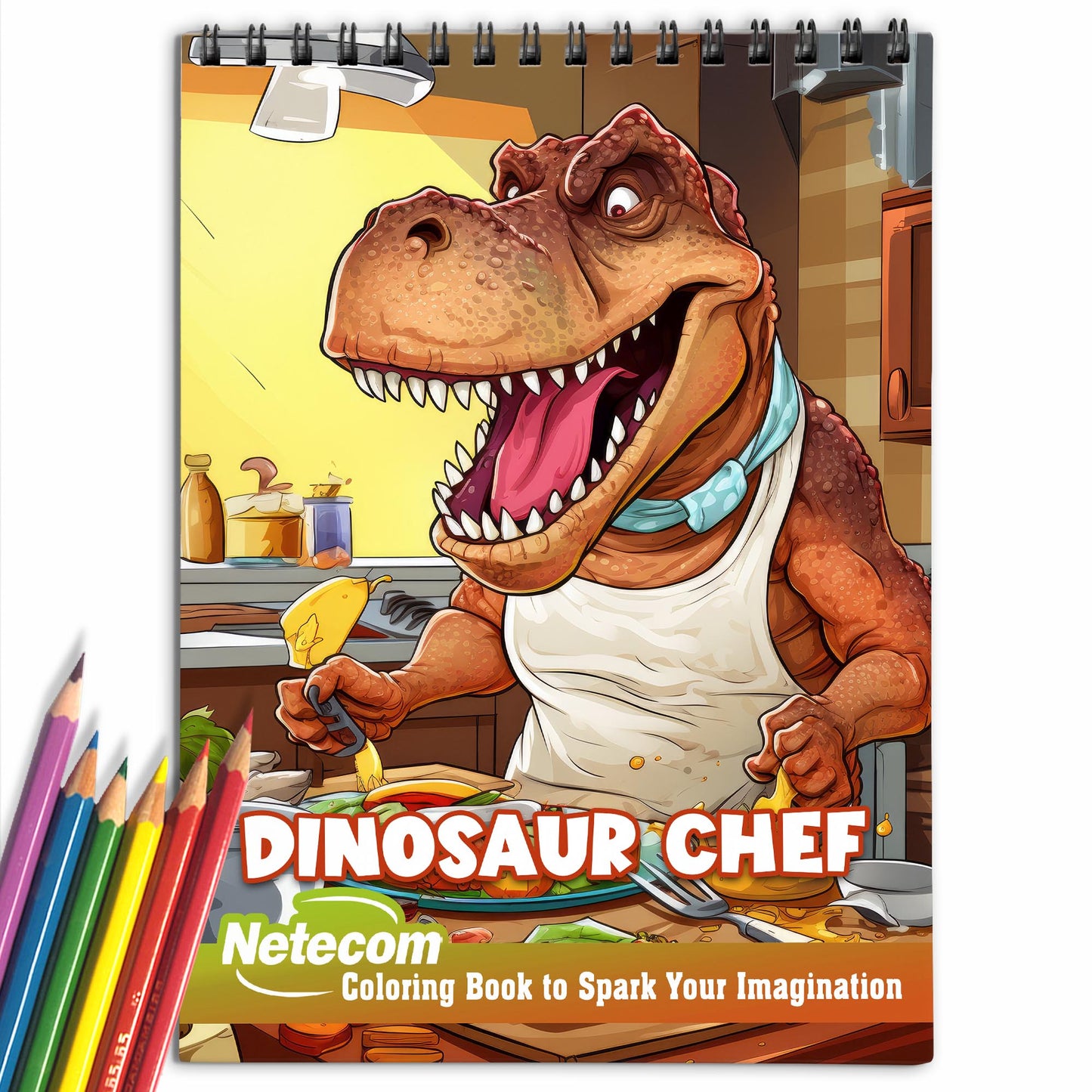 Dinosaur Chef Spiral Bound Coloring Book, Unleash Your Imagination with 30 Enchanting Coloring Pages, Merging the Prehistoric and the Culinary in Whimsical Dinosaurs