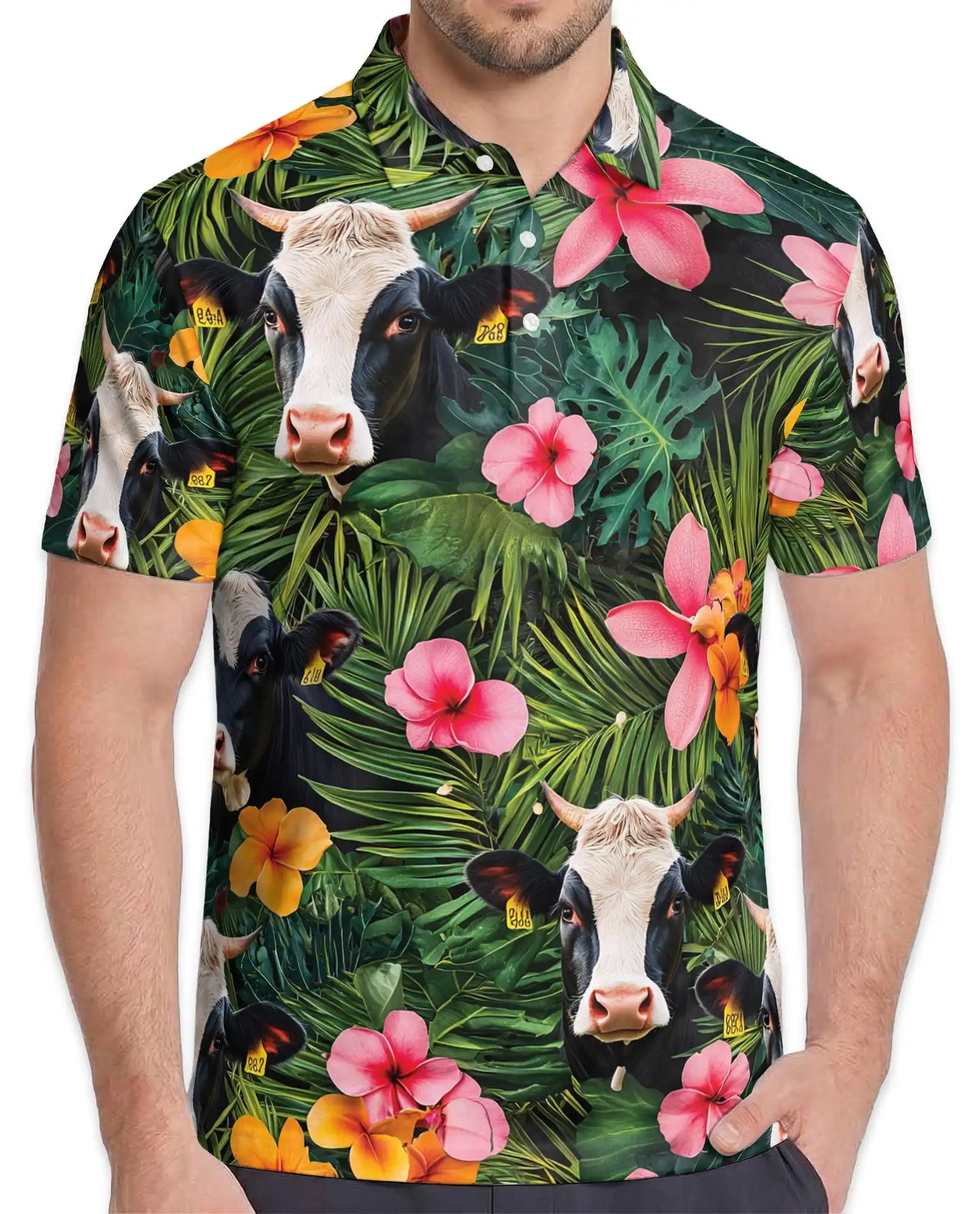 Holstein Cow Tropical Polo Shirt - Hawaiian Farm Animal Floral Design | Netecom
