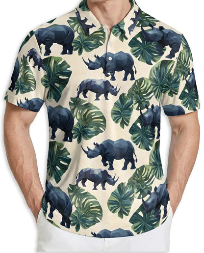 Geometric Rhino Tropical Polo Shirt-Safari Wildlife Jungle Pattern | Netecom