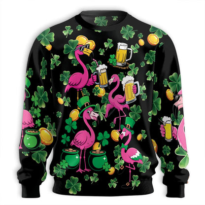 St. Patrick's Day Flamingo Pattern Sweatshirt, 3D All Over Print Irish Holiday Crewneck Pullover for Men Women, Flamingo Lover Gift - Netecom