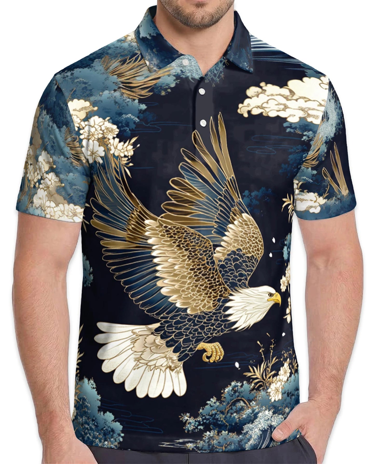 Japanese Eagle Polo Shirt for Men – Traditional Bird Art Style | Netecom