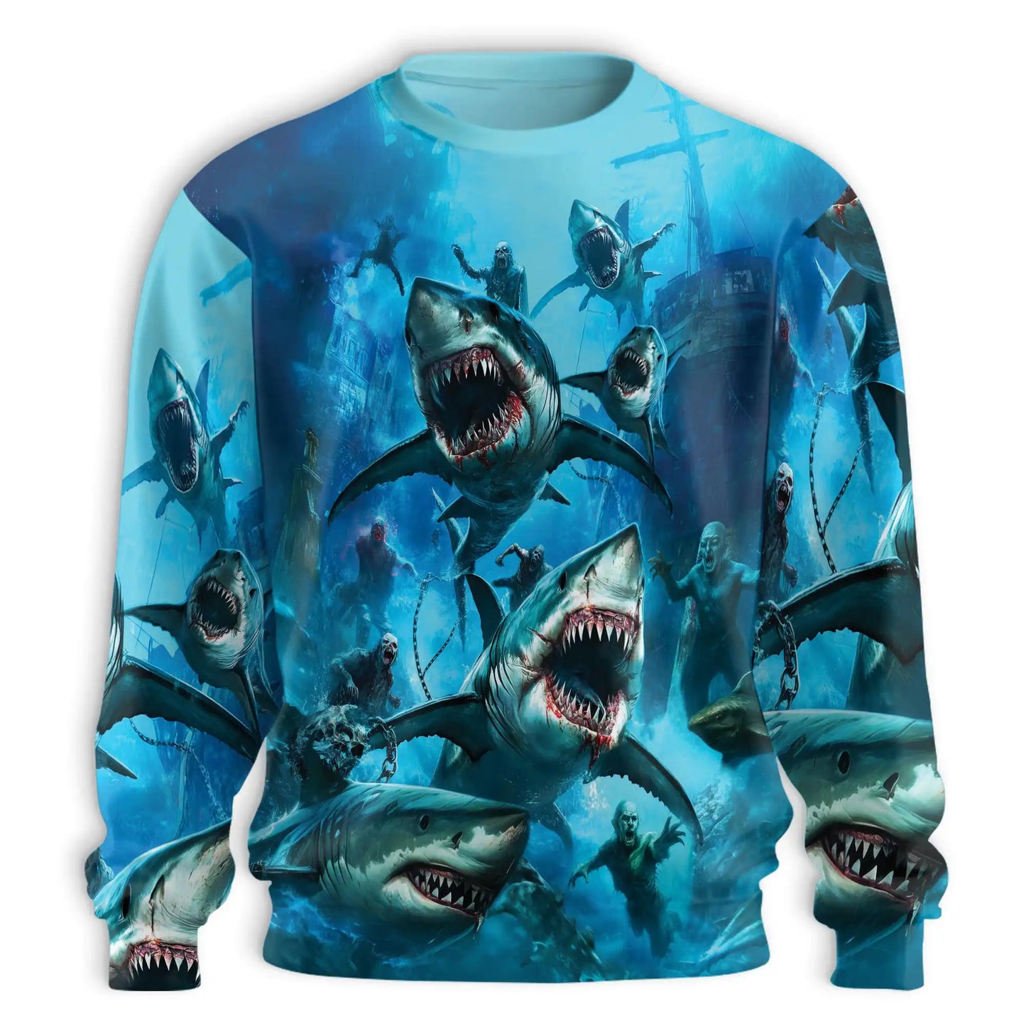 Sharks and Zombies War Sweatshirt, 3D All Over Print Horror Ocean Crewneck Pullover for Men Women, Shark Lover Gift - Netecom