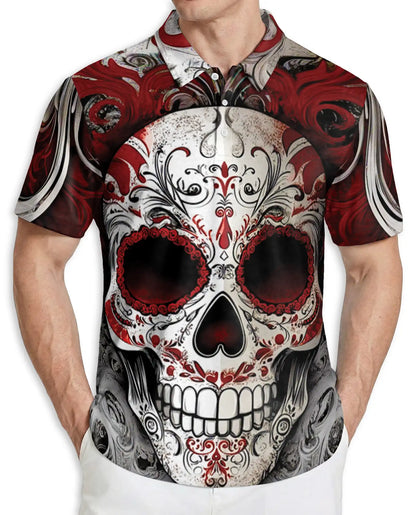 Sugar Skull Polo Shirt – Red Gothic Style | Netecom