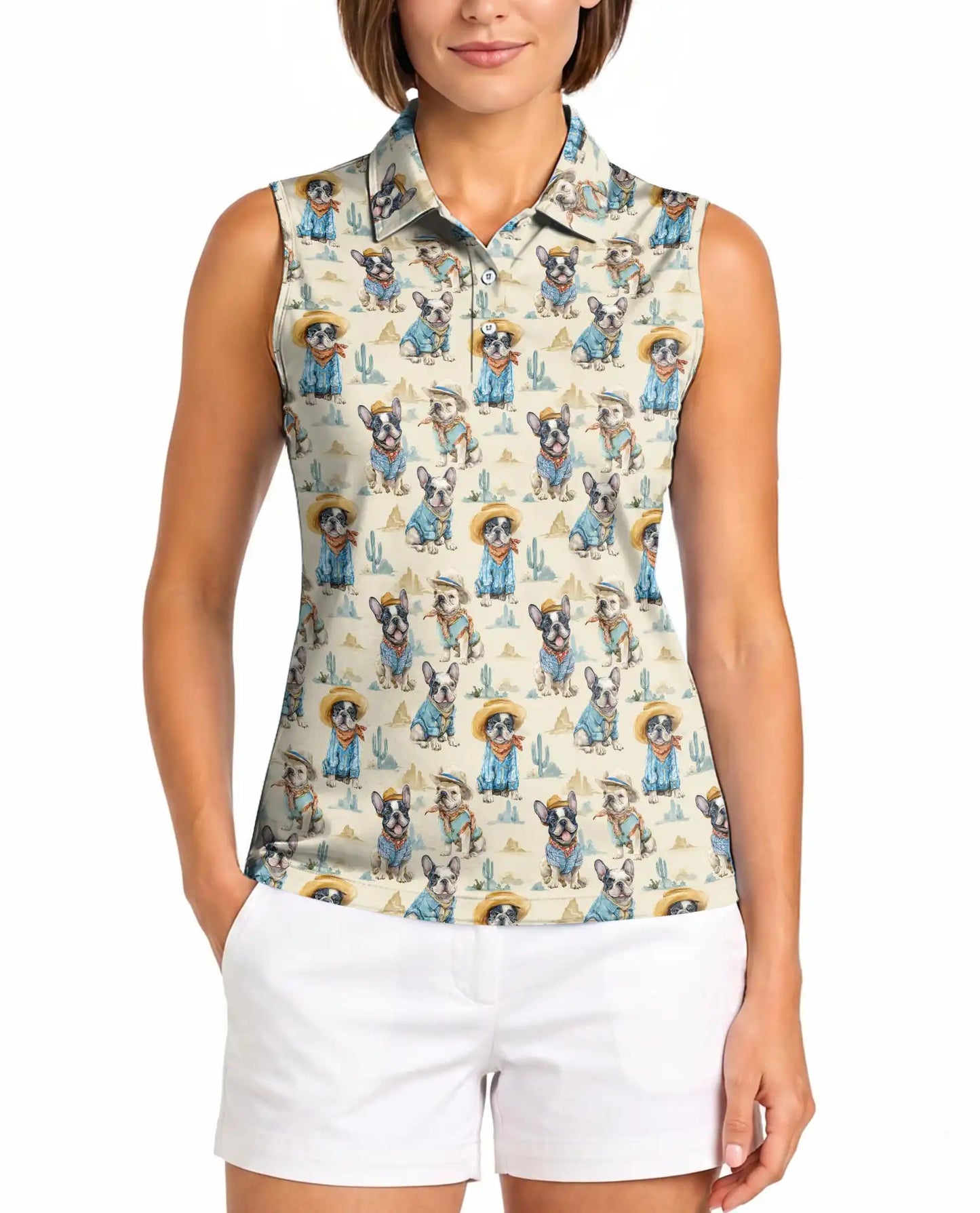 Cowboy French Bulldogs Sleeveless Polo Shirt for Women | Netecom