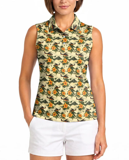 Helicopter And Hibiscus Sleeveless Polo Shirt for Women – Aviation Tropical Style | Netecom