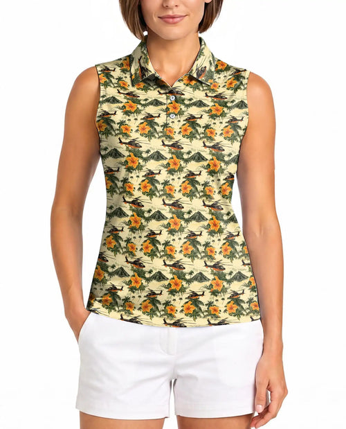 Helicopter And Hibiscus Sleeveless Polo Shirt for Women – Aviation Tropical Style | Netecom
