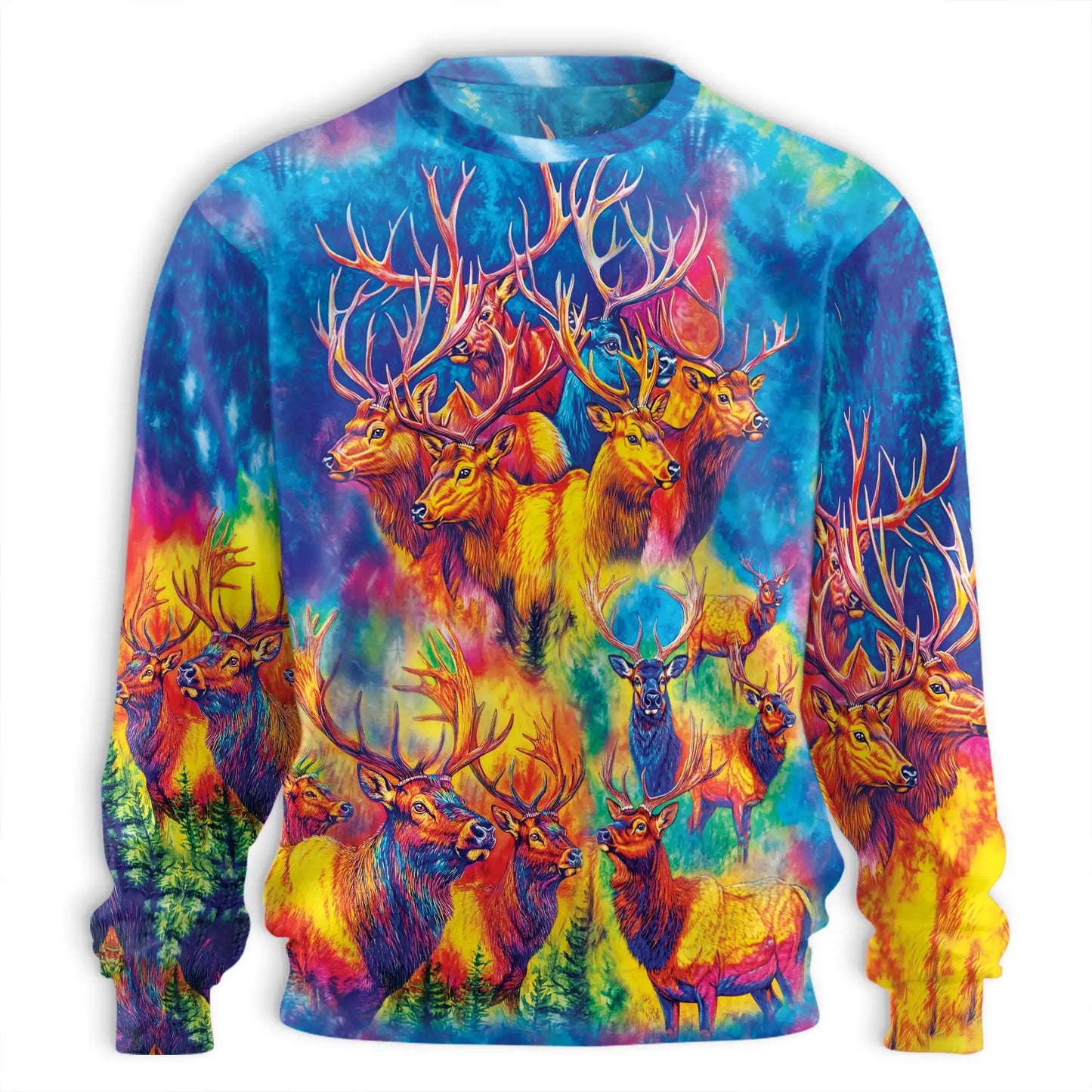 Colorful Elk Moose Sweatshirt, 3D All Over Print Wildlife Crewneck Pullover for Men Women, Elk and Moose Lover Gift - Netecom