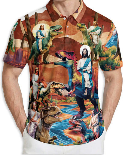 Jesus Dinosaur Polo Shirt – Fantasy Desert Print | Netecom