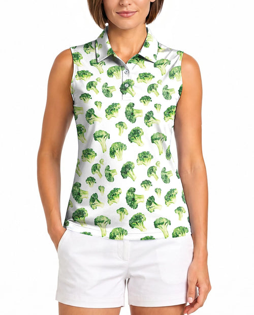 Broccoli Pattern Sleeveless Polo Shirt for Women | Netecom