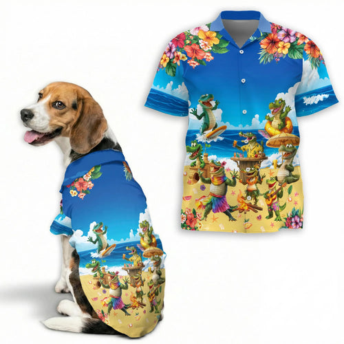 Funny Crocodile Alligator Beach Party Hawaii Dog and Owner Matching Shirts