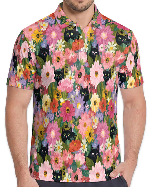 Black Cat Floral Polo Shirt - Colorful Garden Kitty Style | Netecom