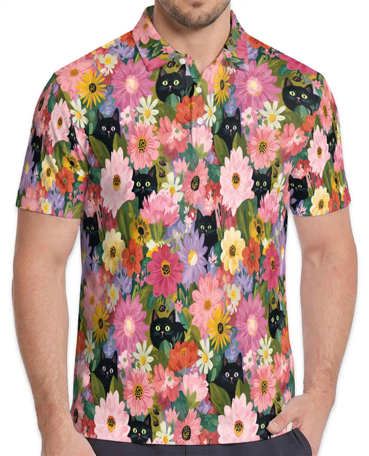 Black Cat Floral Polo Shirt - Colorful Garden Kitty Style | Netecom