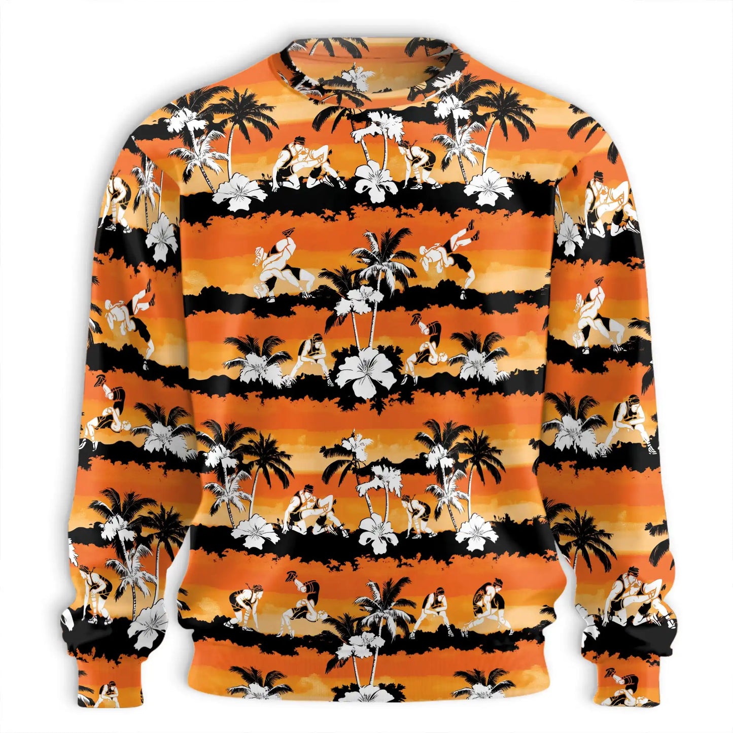 Wrestling Hibiscus Sweatshirt, 3D All Over Print Orange Floral Wrestling Crewneck Pullover for Men Women, Wrestler Gift - Netecom