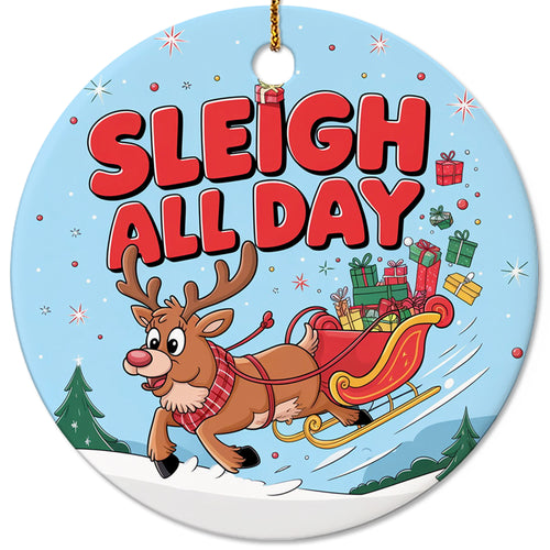 Netecom Funny Santa Sleigh Christmas Ornament, Sleigh All Day Ceramic Ornament for Xmas Tree Hanging Decorations Gift, Home Decor, Gifts for Friends & Family, Holiday Party Present