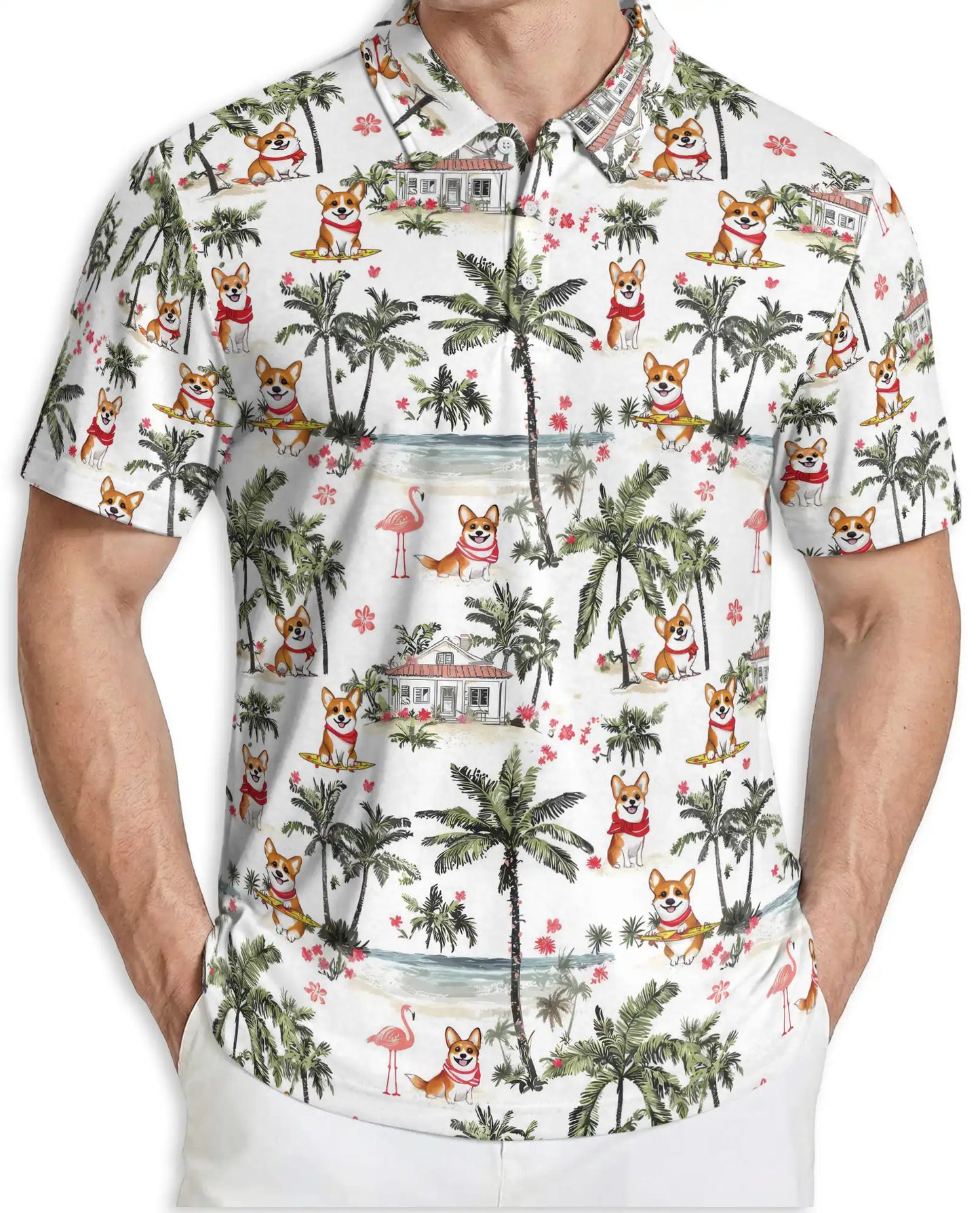 Corgi Tropical Beach Polo Shirt for Men-Summer Vacation Dog Lover Shirt | Netecom