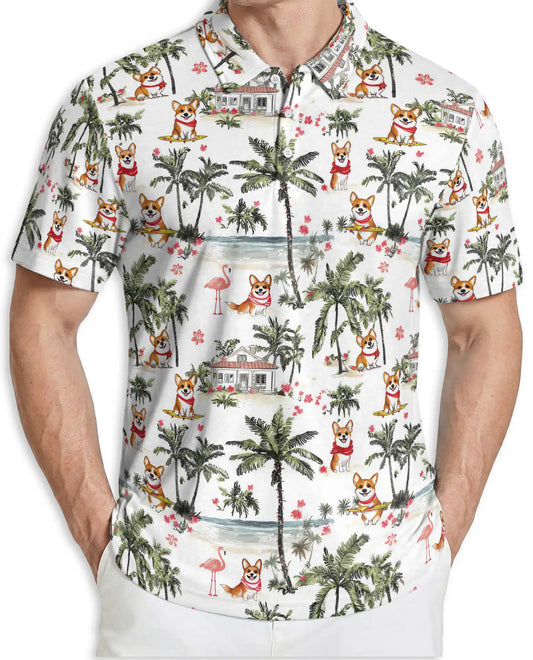 Corgi Tropical Beach Polo Shirt for Men-Summer Vacation Dog Lover Shirt | Netecom