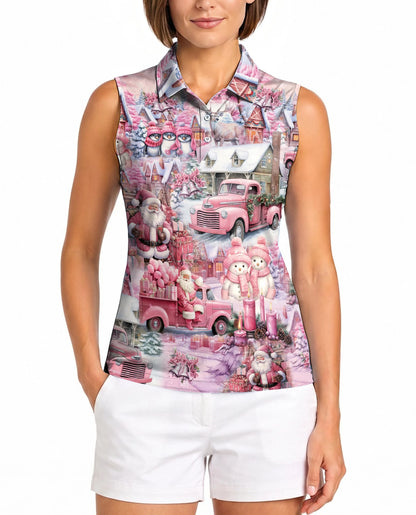 Pink Christmas Sleeveless Polo Shirt for Women | Netecom