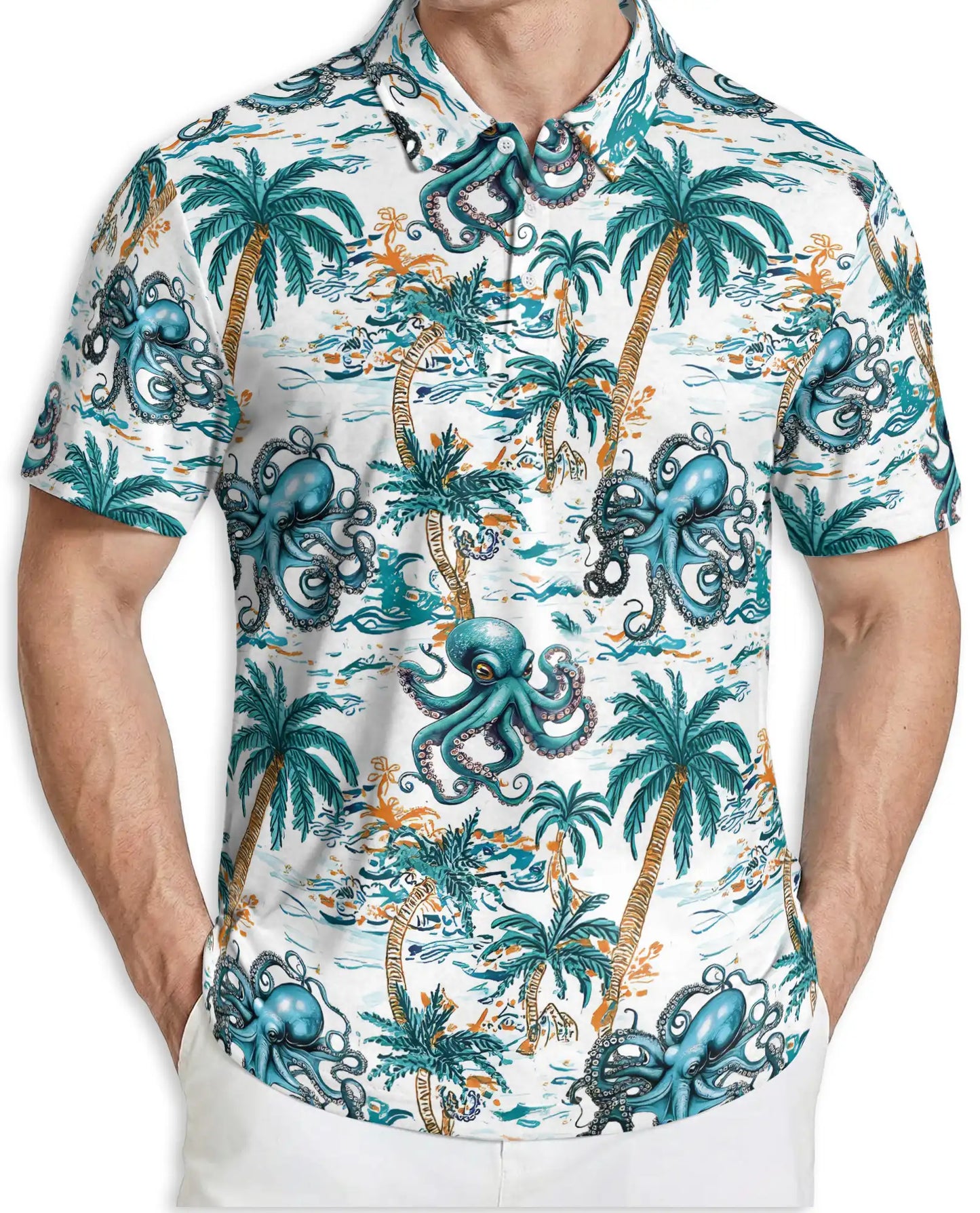 Tropical Octopus 3D Polo Shirt for Men – Ocean Palm Tree Beach Style | Netecom